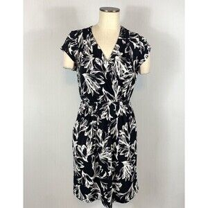 Banana Republic Size S V- Neck Stretch Dress  Black White Floral Print Outlet